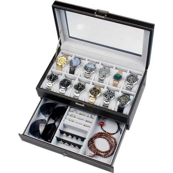 Watch Box 12 Slot Watch Display Organizer Leather Jewelry Case Drawer Glass - Picture 1 of 8
